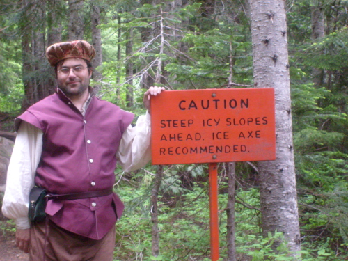 me in renaissance garb with sign about icy slopes